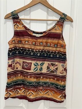 New York Studio Silk Multicolor Tribal Tank Top - Burgundy, Mustard, Teal, Cream